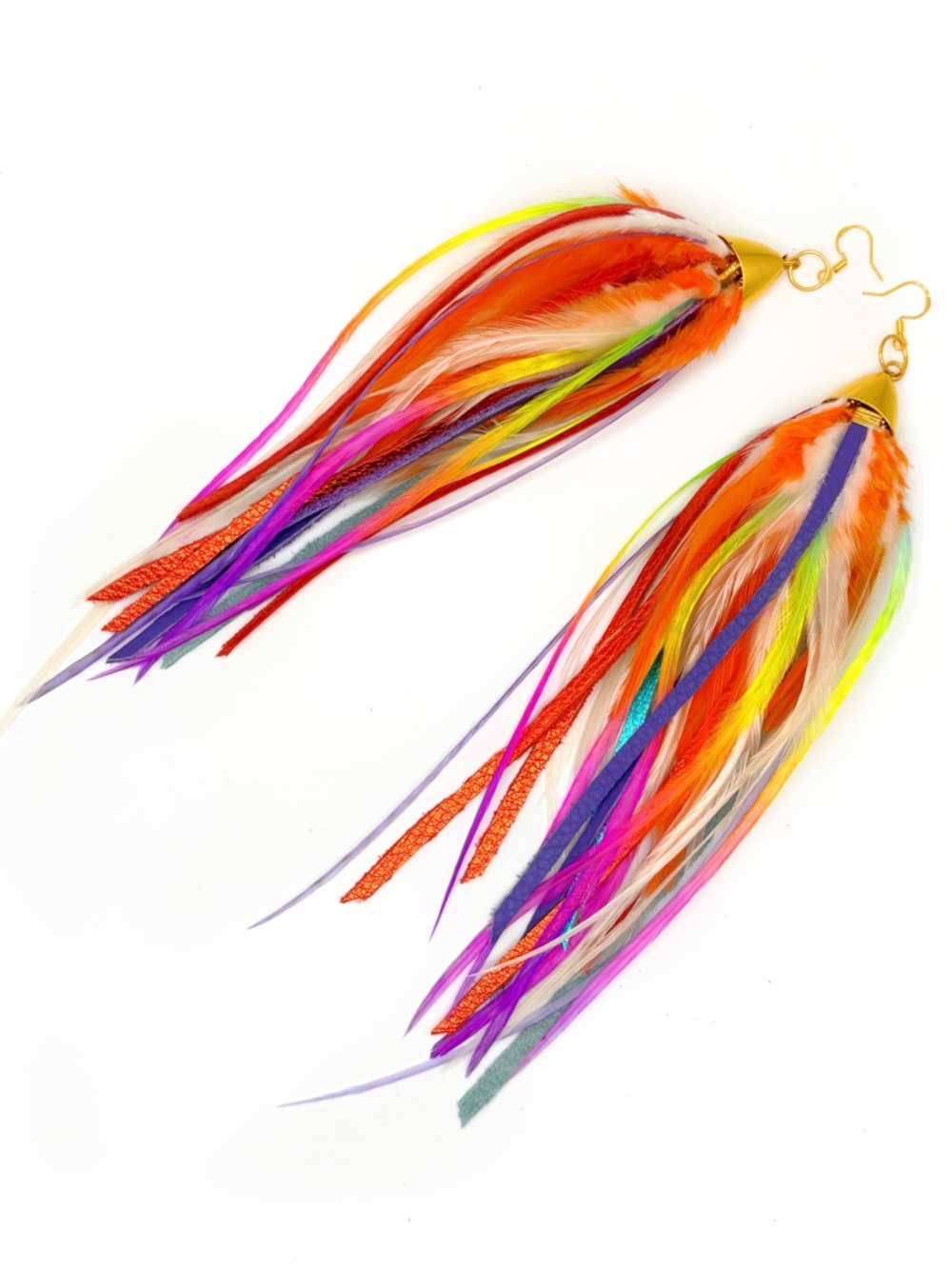 Bold Feather & Leather Earrings - Orange, neon rainbow, purple, turquoise